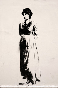 Photo: Stencil of Mary Wollstonecraft by Stewy on Newington Green wall from Rex Features