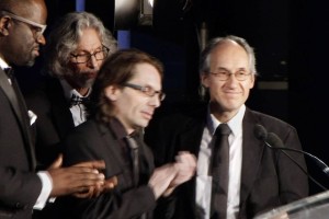 Source: Gerard Biard, right, Editor-in-Chief of Charlie Hebdo, and Jean-Baptiste Thoret, second from right, accept the Freedom of Expression Courage Award at the PEN American Center ceremony in New York on Tuesday. Photo: ASSOCIATED PRESS